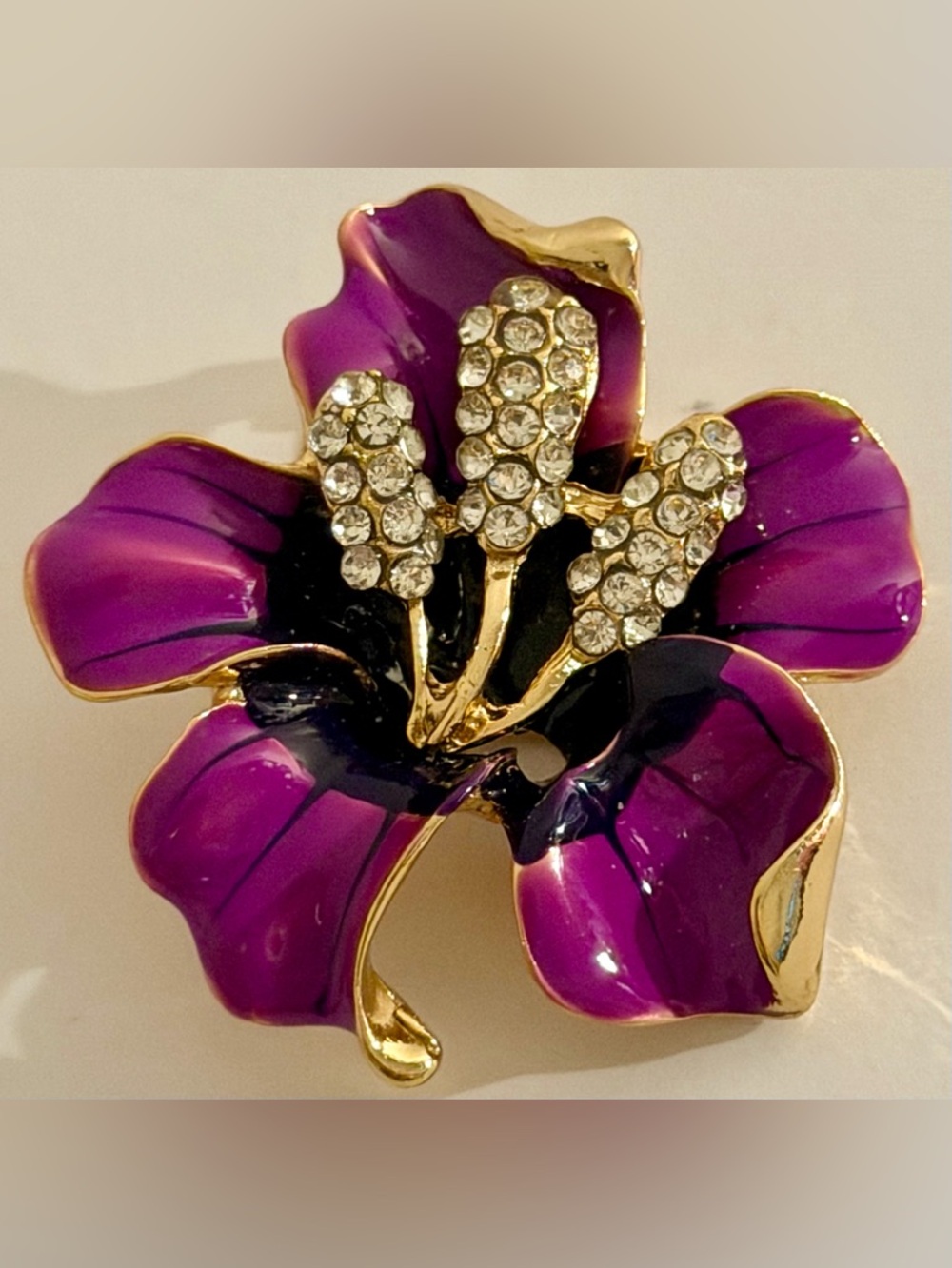 Vintage Purple Enamel Flower Brooch Rhinestone Gold Tone Statement Pin Pendant